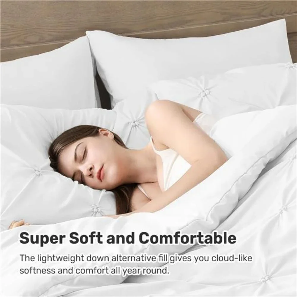 Queen Comforter Set White - Lightweight Soft Pintuck Down Alternative